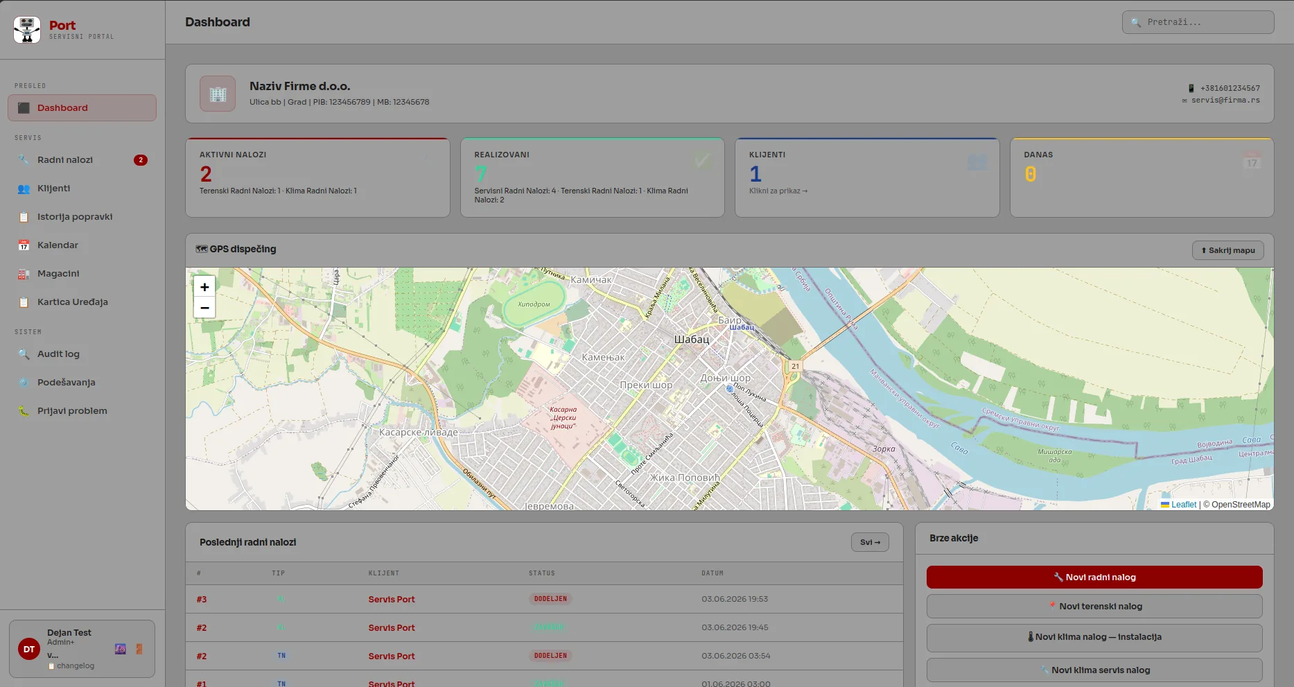 ServisniPortal dashboard — pregled aktivnih naloga, GPS mapa i brze akcije